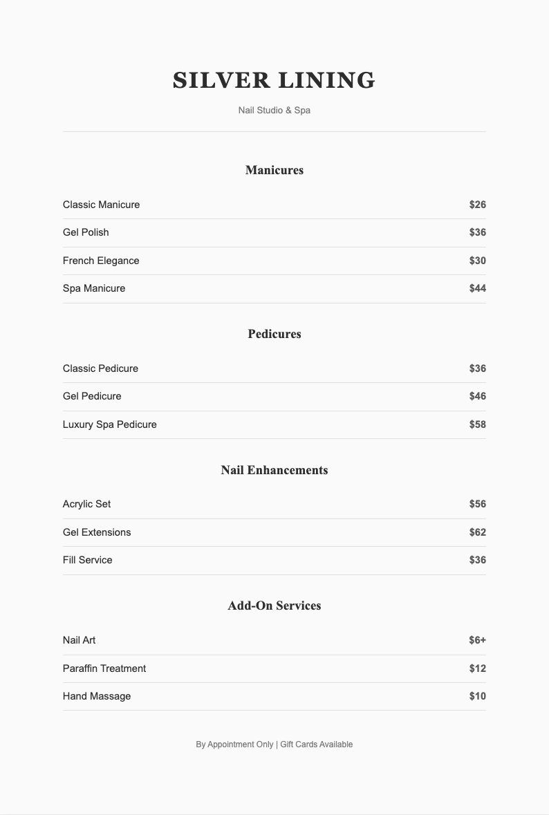 Soft gray nail price list